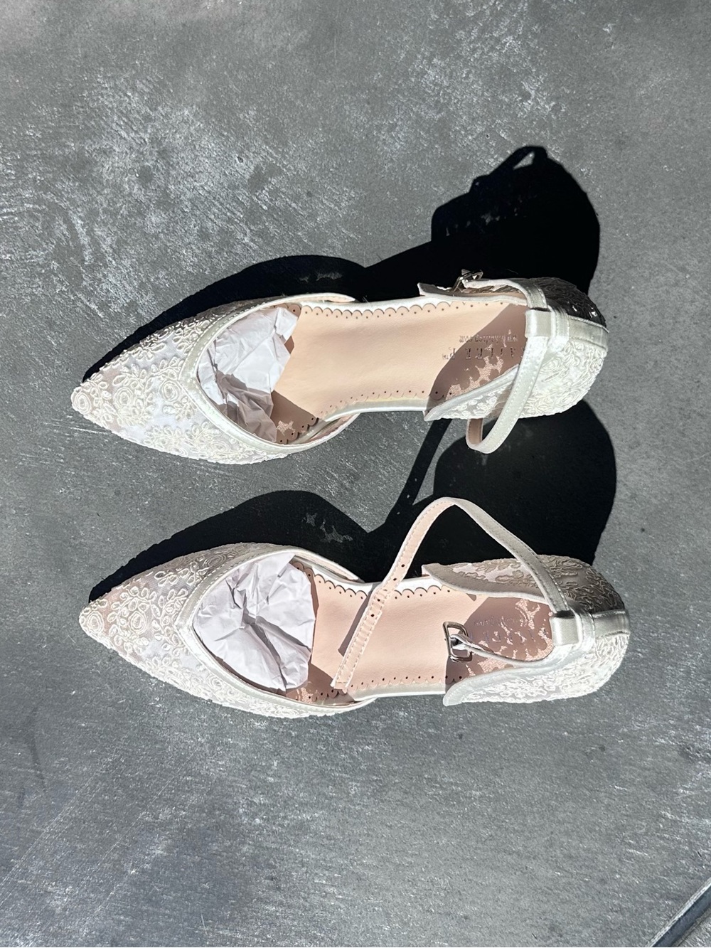 Lace Pointed-Toe Ankle-Strap Heels in Ivory